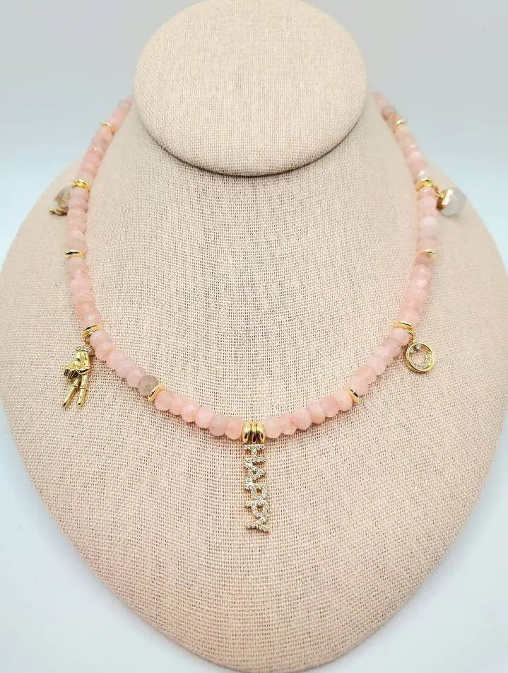 Love peace and happiness rose quartz necklace